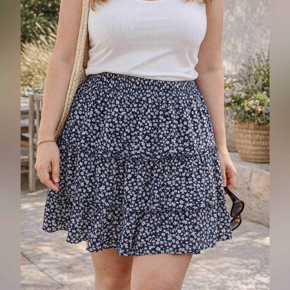 J.Crew‎ Ditsy Floral Tiered Mini Skirt Elastic Waist XL Navy Blue White Spring
